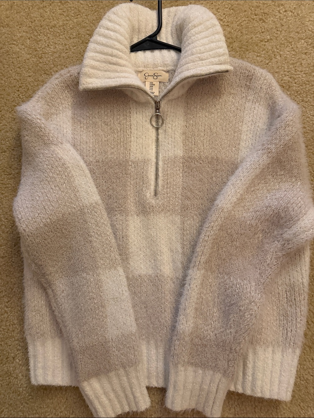 Jessica Simpson Fuzzy Half-Zip Pullover Sweater - Neutral Plaid Size M